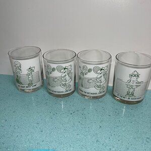 Vintage Glasses White Cartoon Tennis Theme Set of Four